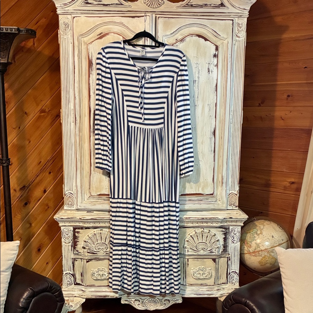 Navy and White Striped Long Sleeve Dress